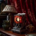 Vintage fictional style camera in retro style setting with background boho lighting.