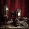 Vintage fictional style camera in retro style setting with background boho lighting.