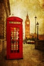 Vintage style picture of a phone box and Big Ben in London Royalty Free Stock Photo