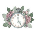 Vintage-style pocket watch in blue on the background of a bouquet of pink roses highlighted on a white background Royalty Free Stock Photo