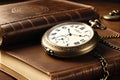 Vintage Style Pocket Watch with Delicate Engraving Resting on an Aged Leather-Bound Journal: Sepia-Toned Elegance