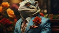 Vintage style portrait of a cute chameleon in a suit