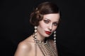 Vintage style portrait of beautiful woman with fancy pearl earrings and necklace
