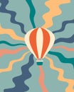 Vintage Style Poster With Hot Air Balloon On Wavy Sky Background. Perfect Print For T-shirt, Postcard, Sticker, Banner.