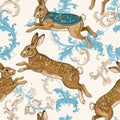 Vintage Style Rabbits and Ornate Scrollwork Pattern Royalty Free Stock Photo