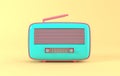 Vintage style radio receiver on yellow background. Pastel colors and golden details. Retro radio realistic 3d render