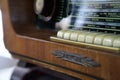 Vintage style radio in wooden box and fabric front Royalty Free Stock Photo