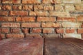 Vintage style. Red brick wall with wood table Royalty Free Stock Photo