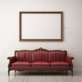 Vintage Style Red Leather Sofa With Empty Frame On White Wall Royalty Free Stock Photo