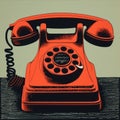 Ultra Detailed Silkscreen Illustration Of Red Telephone On Wood Table