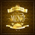 Vintage style restaurant menu design with golden ribbons against brown backdrop Royalty Free Stock Photo