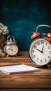 Vintage style retro alarm clock rests beside blank note paper on a wooden table Royalty Free Stock Photo