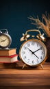 Vintage style retro alarm clock rests beside blank note paper on a wooden table Royalty Free Stock Photo