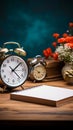 Vintage style retro alarm clock rests beside blank note paper on a wooden table Royalty Free Stock Photo