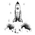 Vintage-style rocket launching into space with clouds below Royalty Free Stock Photo