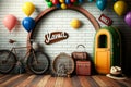 Vintage style room with retro bicycle, suitcase, hat, balloons and other items. Generative AI