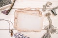 Vintage style rustical mockup with sheet of old blank paper on a wooden texture Royalty Free Stock Photo