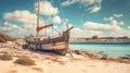 Vintage Style Sailboat Anchored On Formentera Beach