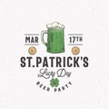Vintage Style Saint Patricks Day Logo or Label Template. Hand Drawn Beer Mug, Gold Coins and Shamrock Leaf Sketch