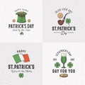 Vintage Style Saint Patricks Day Logo or Label Templates Set. Hand Drawn Leprechauns Hat with Coins, Beer, Flag and Royalty Free Stock Photo