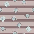 Vintage style seamless doodle pattern with random blue alarm clock elements. Pale brown striped background Royalty Free Stock Photo