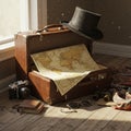 A vintage-style setup featuring an open brown leather suitcase displaying a world Royalty Free Stock Photo