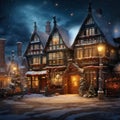 Vintage Style Snowy Christmas Village Scene Street With Street Lamps