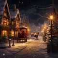Vintage Style Snowy Christmas Village Scene Street With Street Lamps