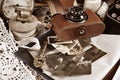 Vintage style still life with old photographs and camera in sepia Royalty Free Stock Photo