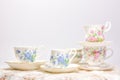 Attractive fine bone china tea cups on light background Royalty Free Stock Photo