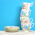 Attractive fine bone china tea cups on blue background Royalty Free Stock Photo