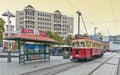 Vintage style tram on the Christchurch Tramway offers a unique city tour by the classic way of transportation in New Zealand