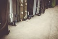 Vintage style of travel bags or luggage on cement floor.