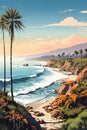 Vintage style travel poster. Beautiful seascape with palm trees and flowers. Generative AI