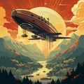 Vintage-style travel poster featuring a futuristic airship above majestic mountains and a vibrant cityscape