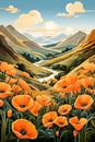 Vintage style travel poster with view on the Californian poppy field. Generative AI