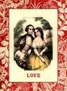 Vintage style valentine card with couple drawing