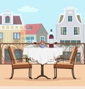 Vintage style vector balcony with table and chairs. Colorful graphic flat concept of terrace and city background.