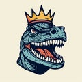 Vintage Comic Style King Dinosaur With Crown Minimalistic Drawing