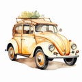 Watercolor Volkswagen Beetle Clipart - Nostalgic Rural Life Illustration