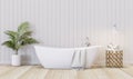 Vintage style white bathroom with empty plank wall 3d render