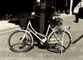 vintage style white woman`s bicycle in monochrome finish in urban setting Royalty Free Stock Photo