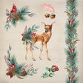 Vintage style wintertime decor with fawn, bird and florals. Watercolor illustration. Hand drawn young fawn with