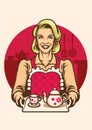 Vintage style of women wearing apron presenting a set of tea Royalty Free Stock Photo