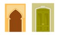 Vintage style wooden closed doors set. Classic faacades architactural design, front doorway exterior vector illustration Royalty Free Stock Photo