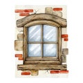 Vintage style wooden window in a brick wall. Watercolor painted illustration. Hand drawn countryside house closed wooden