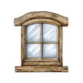 Vintage style wooden window. Watercolor painted illustration. Hand drawn countryside house closed wooden window element
