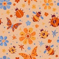 Vintage stylized pattern with butterflies, ladybugs and flowers