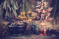 Vintage stylized photo of healing herbs bunches and mortar Royalty Free Stock Photo