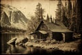 vintage stylle photo of wooden retreat hut cabin near a lake in the woods illustration generative ai Royalty Free Stock Photo